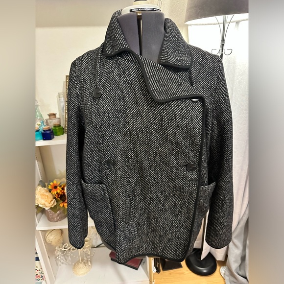 Lucky Brand Wool Blend Pea Coat Black Gray Double-Breasted Button-Up Jacket Sz M - Picture 2 of 15